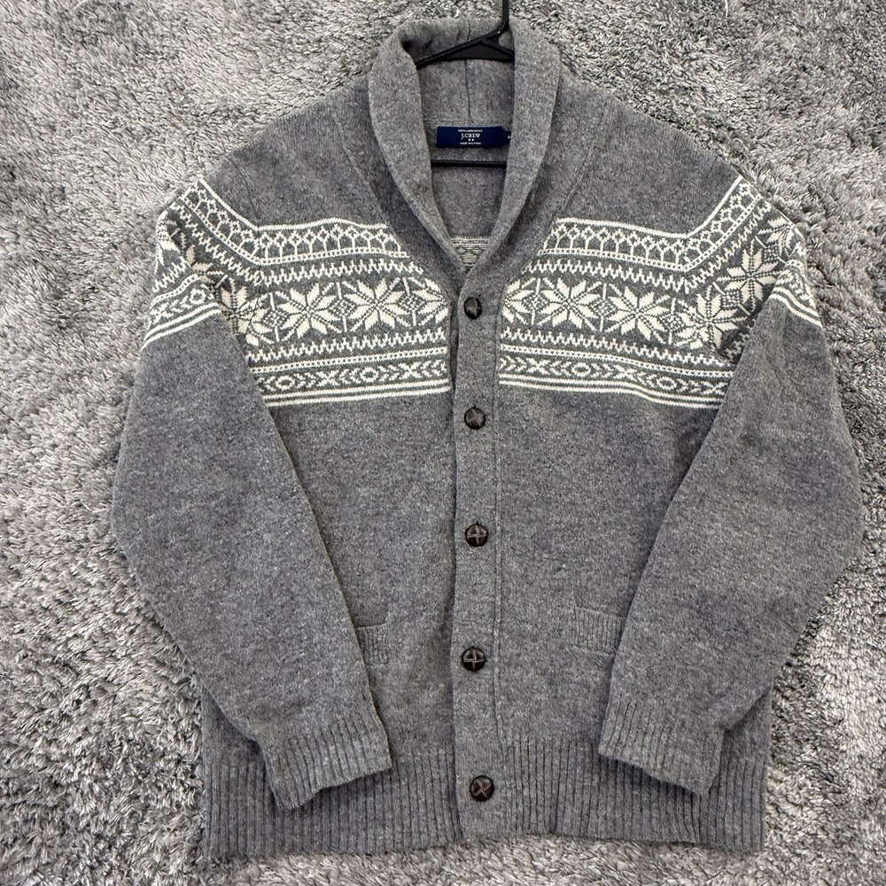 J Crew Sweater Mens M Gray Shawl Collar Lambswool‎ Cardigan Fair Isle Nordic